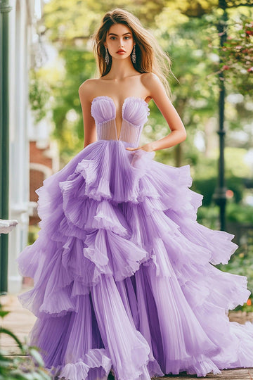 Lilac Strapless A Line Ruffles Tiered Tulle Prom Dress